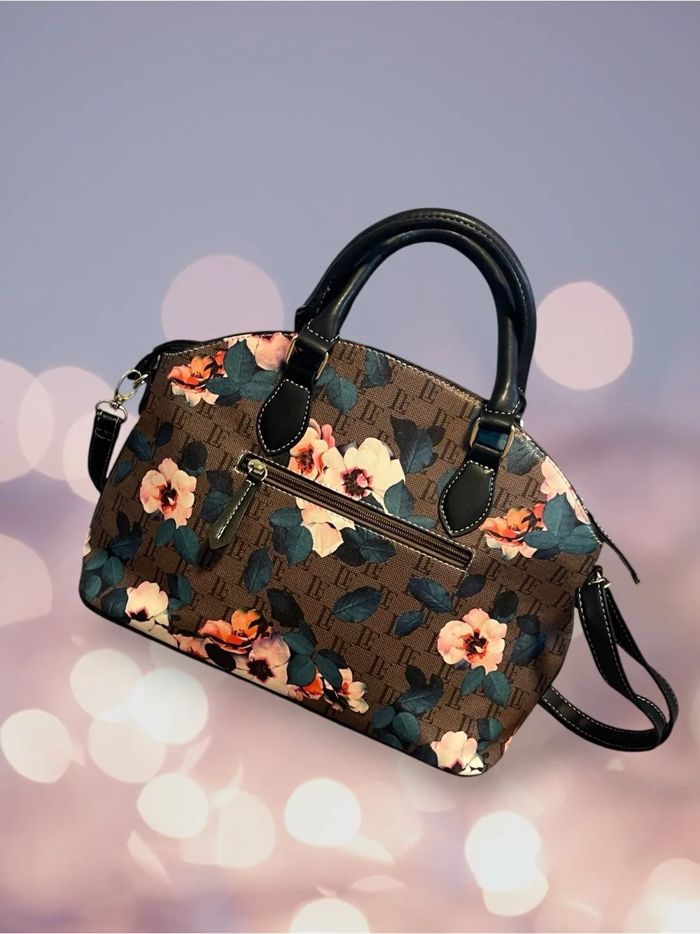 London Fog Floral Monogram Dome Satchel Handbag Brown Pink
